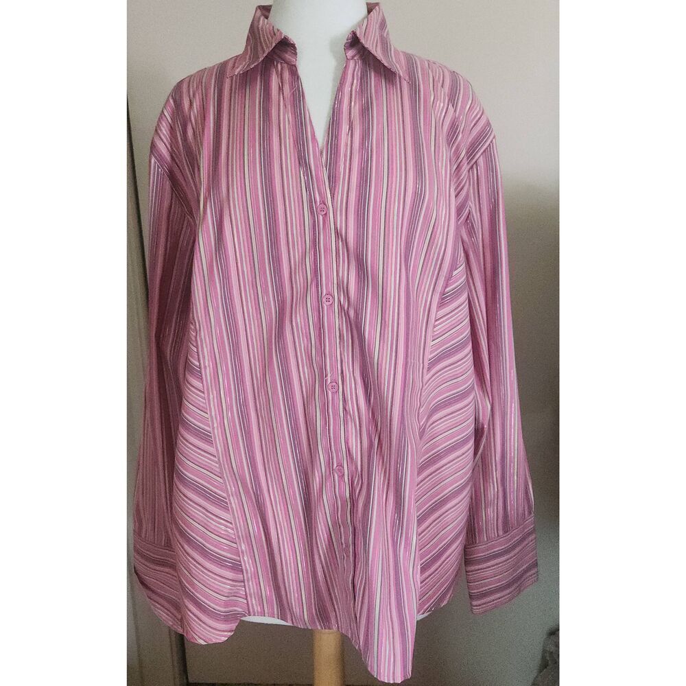 F0  DCC Woman plus sz dressy pink striped button up blouse